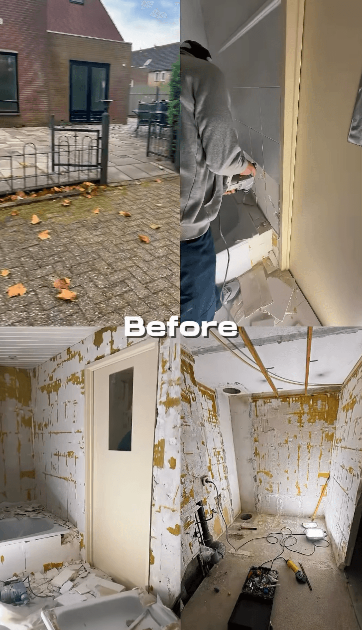 Voorfase van badkamerverbouwing met sloopwerk en voorbereidende werkzaamheden.