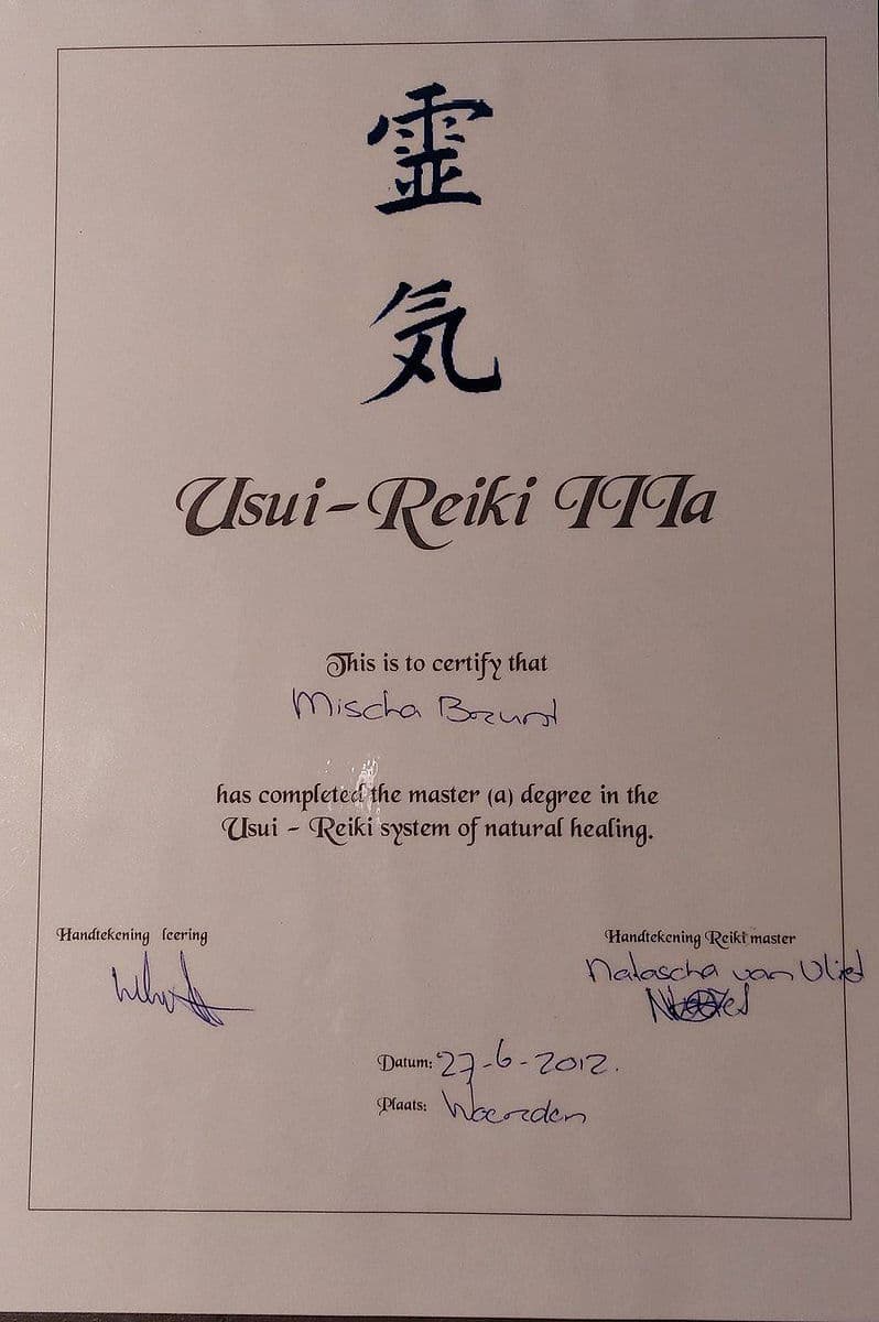 Certificaat van Reiki Praktijk Mischa.