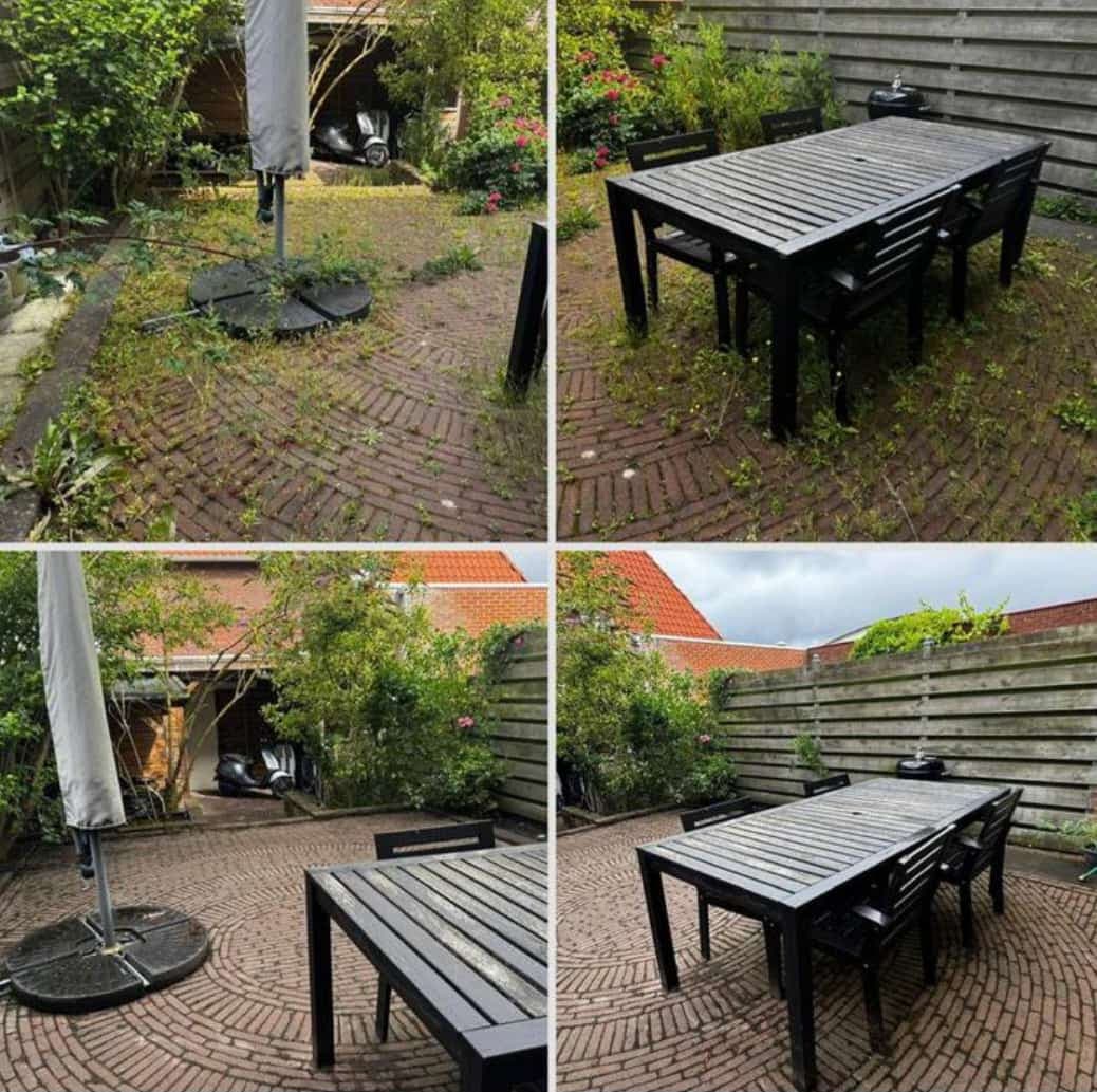 Terras met onkruid tussen de bestrating voor onderhoud.