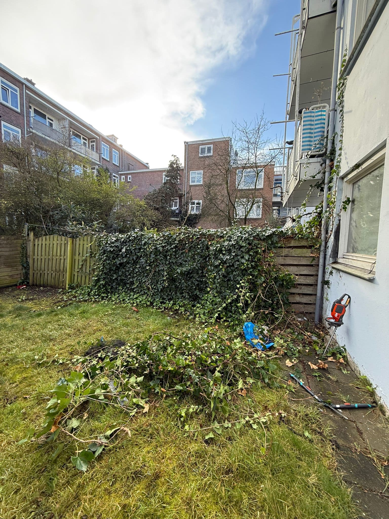 Tuin tijdens snoei- en opruimwerkzaamheden.