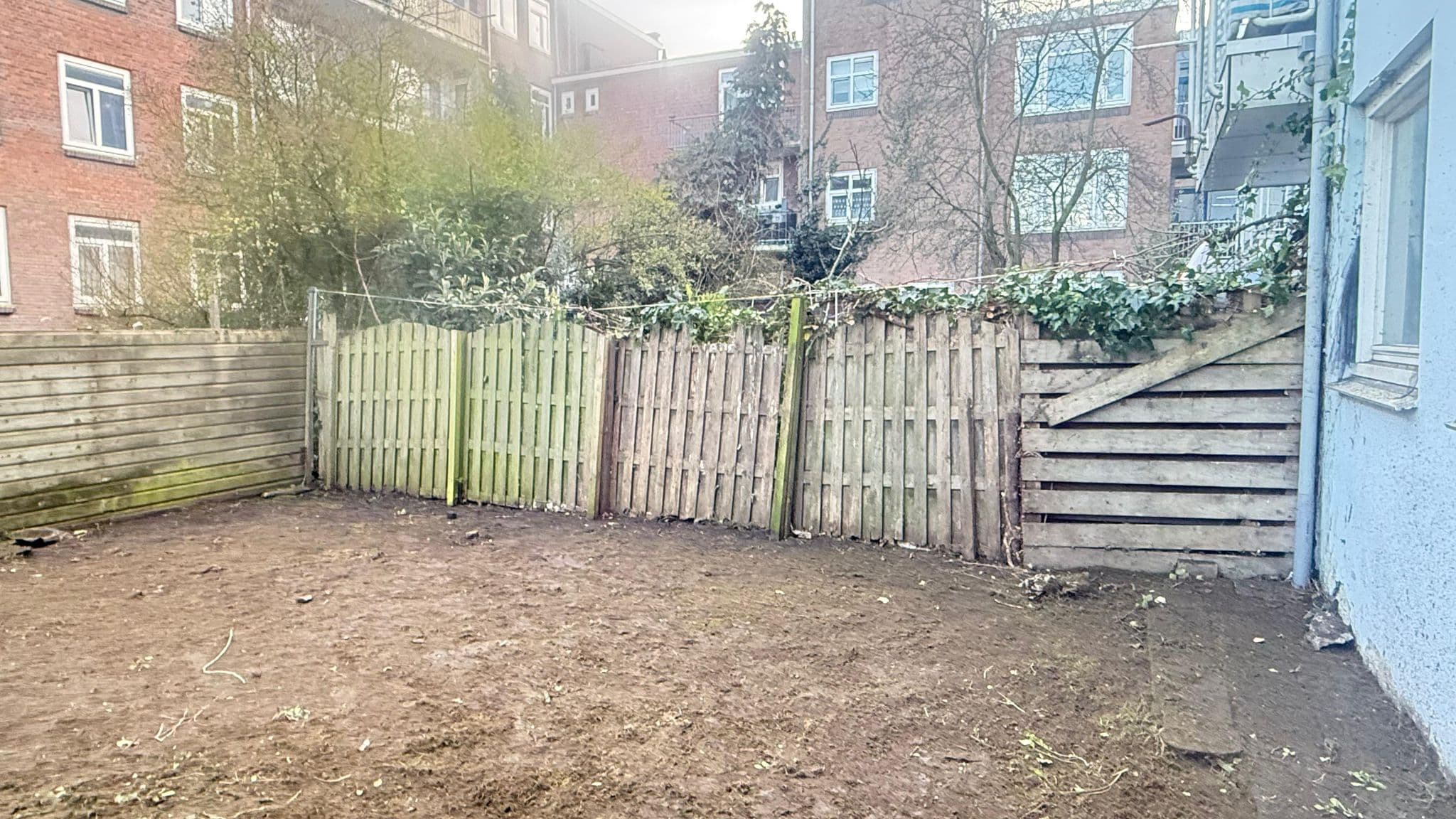 Vrijgemaakte tuin na opruim- en onderhoudswerk.
